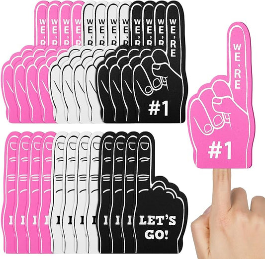 Sinmoe 24 Pcs Mini Foam Finger Baseball Fan Mini Foam Finger, We're #1 Sports Themed Party Supplies for Baseball Hockey Football Basketball Events Team Gifts(Black, White, Pink)