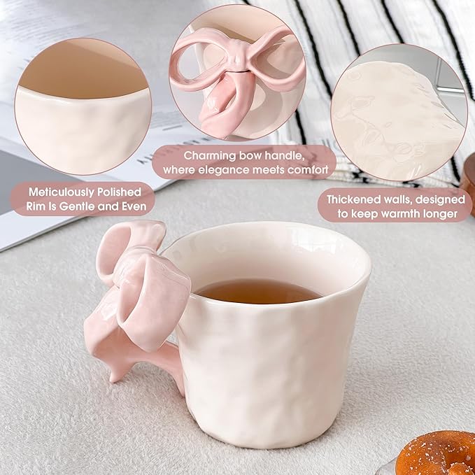 Pink Ceramic Coffee Mug with Bow Handle, Cute Girly Cup for 14oz, Handmade Kawaii Soup Mug for Latte Tea Milk Cocoa, Pretty Birthday Valentine Gifts for Women and Girls