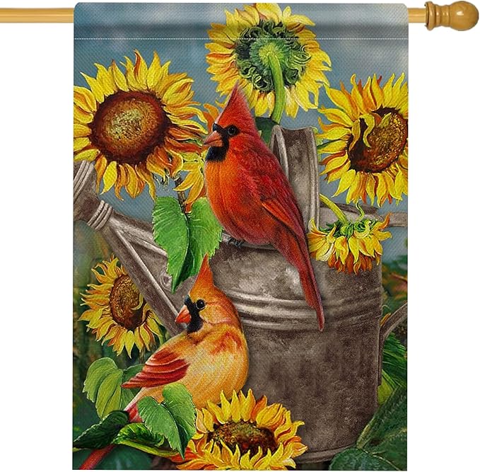 Hzppyz Spring Summer Sunflower Cardinal House Flag Double Sided, Red Bird Garden Yard Outdoor Large Burlap Flag, Fall Farmhouse Home Decoration 28x40