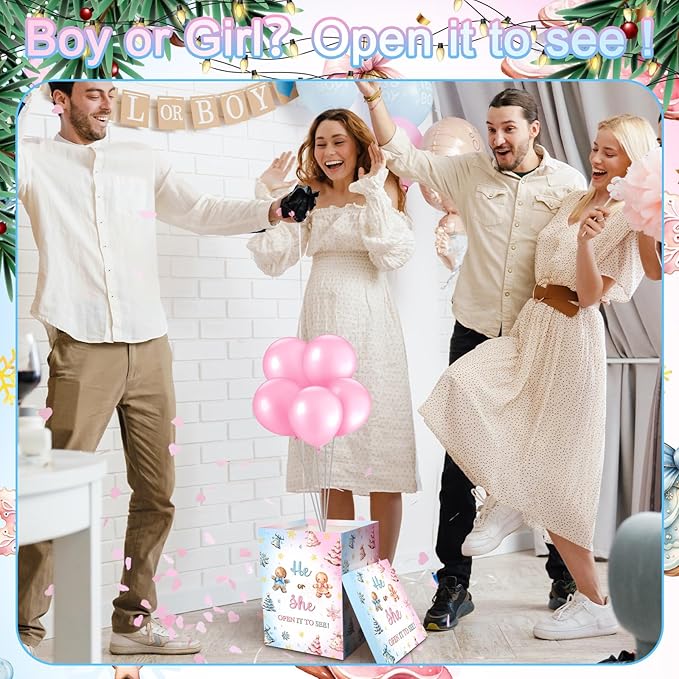Hungdao Gender Reveal Balloon Box with Ribbon and 10 Pink and Blue Balloons Gender Reveal Games He or She Open to See for Party Decoration 12"x12"x16" (Gingerbread and Trees)