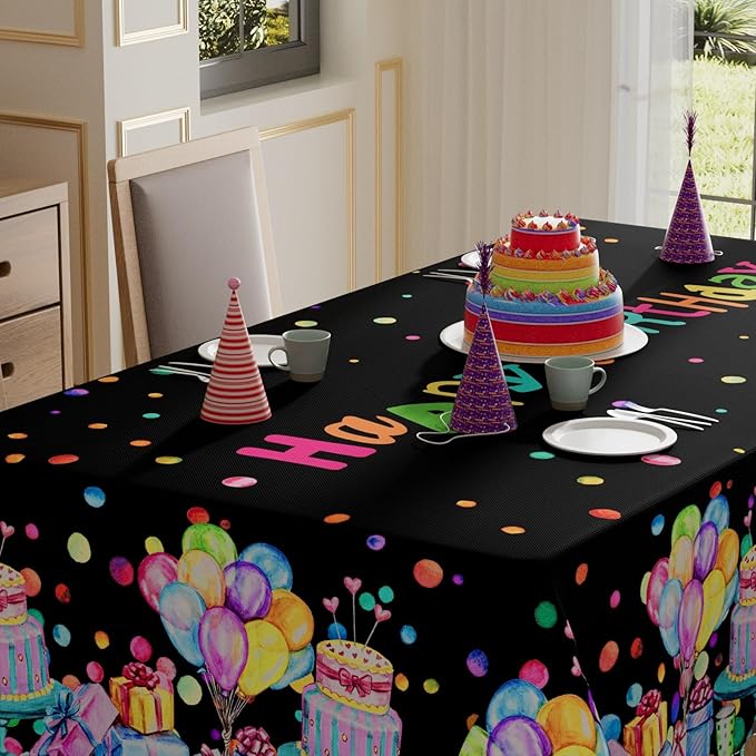 XCHI Happy Birthday Cake Gifts Colorful Balloons Black Tablecloth Rectangle Washable Table Covers for Indoor Outdoor Dining Table Home Party Decorations 60x104 Inch