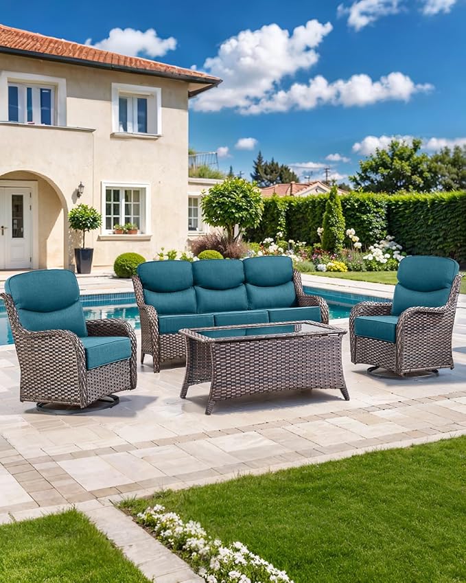 Luxury 22x24/22x25 6-Inch Smile Outdoor Cushions for Patio 5 Piece Set - Set of 5 Zippered Outside Pillows for Wicker Dining Rocking Gliders Loveseat Couch Sectional Sofa - Peacock Blue