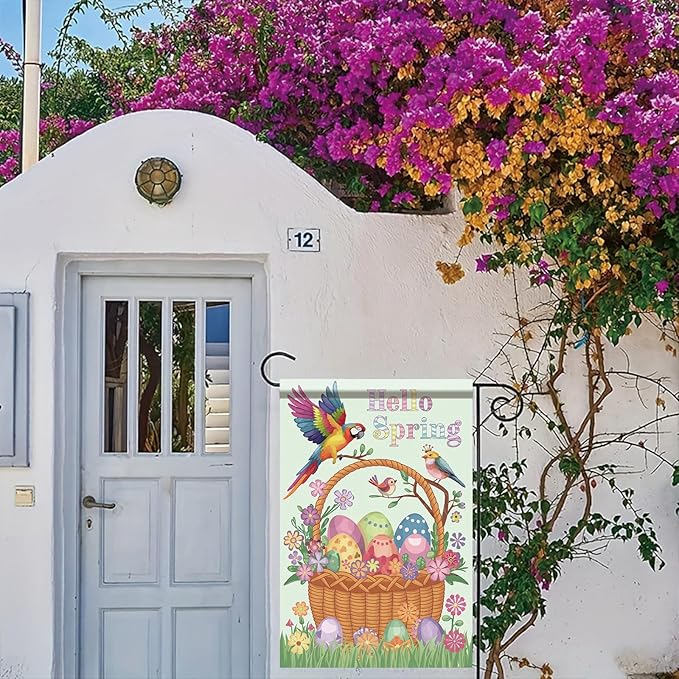 Starlit Patio Hello Spring Garden Flag Corn Poppy 12x18 Inch Double Sided Happy Easter Garden Flag Colorful Easter Eggs Birds Summer Outside Floral Yard Decoration Outdoor Flag Decor