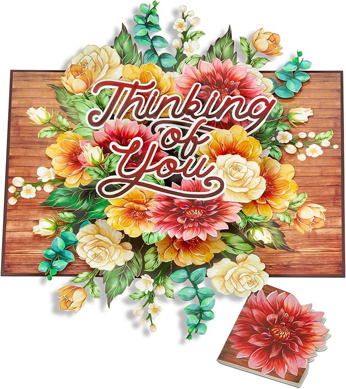 Floral Thinking Of You Pop Up Card, Rustic Flowers, 3D Cards, Gifts for Birthday, Anniversary, Valentines Day, Mom, Wife, Her, 5x7 - Includes Envelope And Message Note
