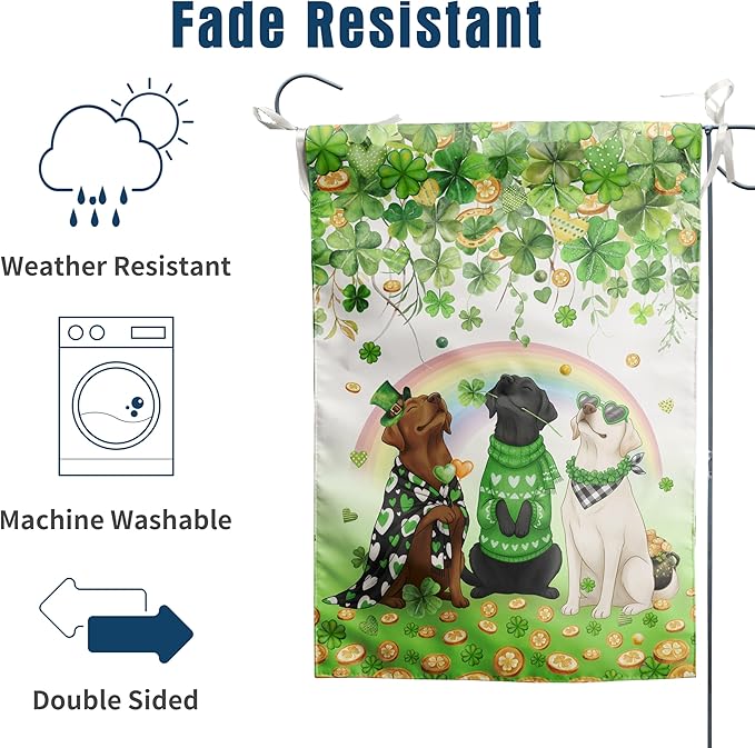 St Patricks Day Dog Garden Flag 12x18 Double Sided Outside White Chocolate Black Lab Yard Signs Labrador Banner for Saint Patrick Spring Outdoor Decorative