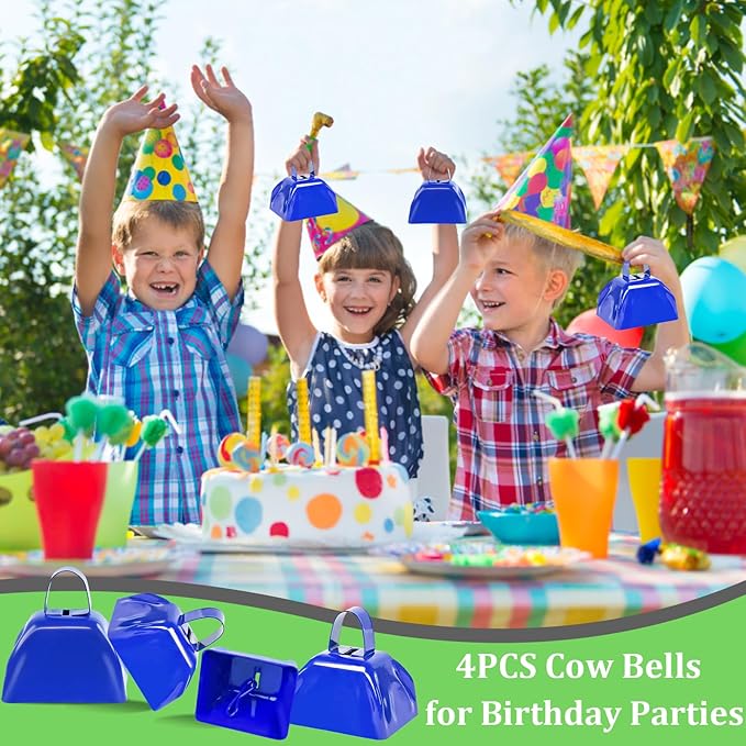 Metal Cow Bell Noise Maker - 3 Inch Pack of 4 - Small Loud Metal Cowbell Noisemaker with Handle - Great for Football Games, Sporting Events, Weddings, New Year's Eve, Birthday Parties