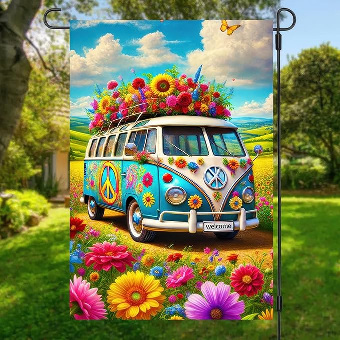 HOMETITUTE Welcome Spring Garden Flag Floral Bus with Butterfly Double Sided 12x18 Inch Spring Summer Garden Flag Outdoor Yard Flags for Lawn Porch Patio House Decoration