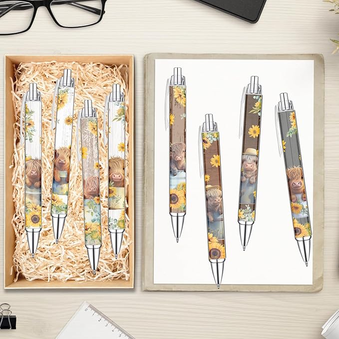 Idealmuzik 8 PCS Cute Highland Cow Print Pens, Cow Lovers Gifts, School Office Supplies, Gifts for Women Girls Teen Christmas New Year