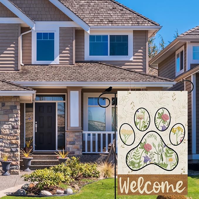 ZAEW Welcome Dog Paw Wildflowers Leaves Spring Garden Flag Summer Seasonal Yard Flag 12x18 Inch Double Sided Small Mini Yard Outdoor Outside Holiday Decoration