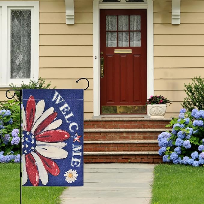 Kevinste 12x18 Inch Double-Sided Welcome Garden Flags for Outdoor Decor, Vivid Color Welcome Daisy, Weather-Resistant Linen, for Front Porch, Yard, or Patio (Blue)