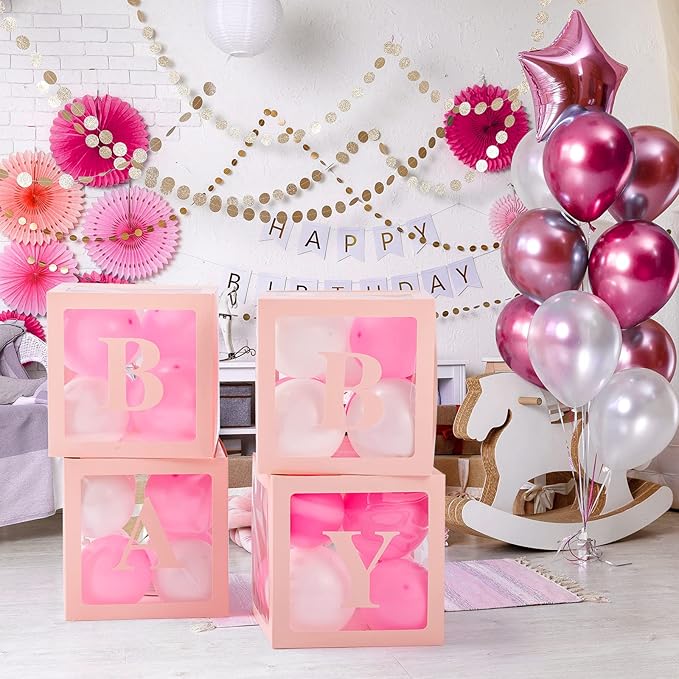 Baby Boxes with Letters for Baby Shower Decorations - 4 Transparent Balloon Boxes for Girl Baby Gender Reveal Decorations (Pink)