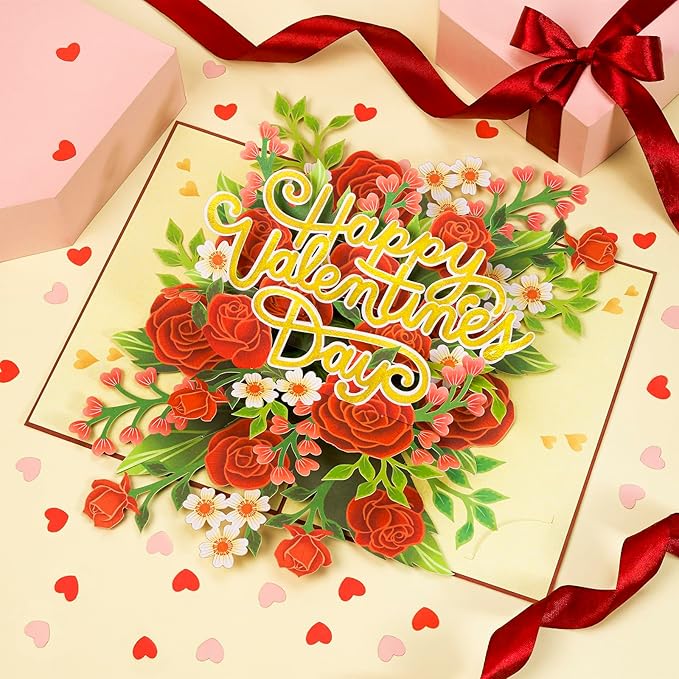 Floral Valentines Day Pop Up Card, For Love, All Occasion, Just Because, Gift for Her, Girlfriend, Women, Wife, Grandma, Crush, 5x7 - Includes Envelope And Message Note