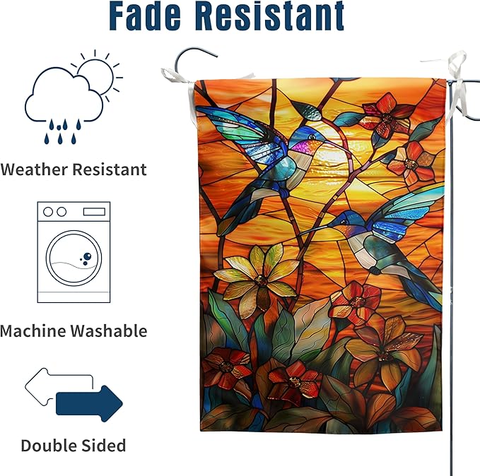Stained Glass Hummingbird Garden Flag Spring Summer Yard Flag Fall Floral Decorative Flags for Outside 12x18 Double Sided Small Seasonal Lawn Flags Rustic Outdoor Decor