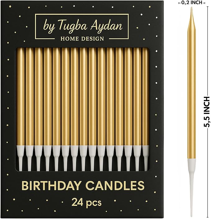 by Tugba Aydan - Gold Birthday Candles - 24 Pack | Metallic Long Thin Candles for Cakes & Cupcakes | Elegant Cake Decoration for Adults, Kids, Men & Women | by Tugba Aydan Home Design