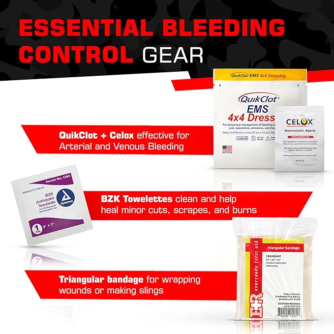 Bleeding Control Zip Pack with QuikClot, Celox, Gauze Pads, Triangular Bandage, BZK Wipes, Nitrile Gloves, Tape – Trauma First Aid Kit for Emergency Use