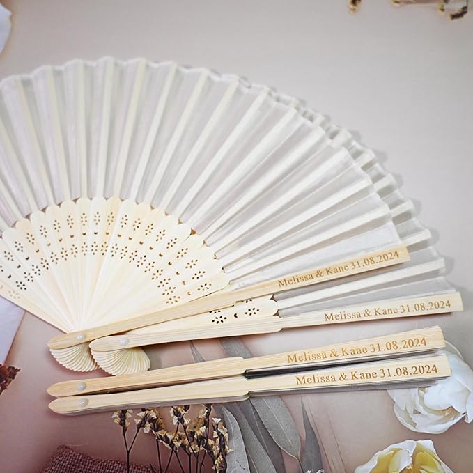 80 Set Personalized Cream Wedding Fans for Guests Bulk, Custom Engraved Summer Wedding Fans, Silk Hand Fans Handheld Folded Fan Baby Shower Favors for Bridal Bridesmaid Gift Church Dancing Party