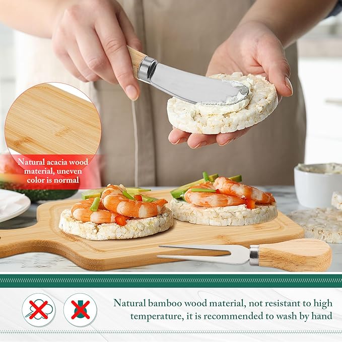 60 Set Bridal Baby Shower Cheese Prizes Wooden Square Board Gift Set Knives Forks Thank You Tags with Box for Guests for Valentines Bridal Baby Shower Housewarming Gifts (Bamboo Color)
