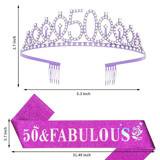 Casoty Purple 50th Birthday Sash and Tiara, 50th Birthday Decorations for Women, 50 &FABULOUS Sash and Crown, Gifts for Her, Party Supplies Favors for Women