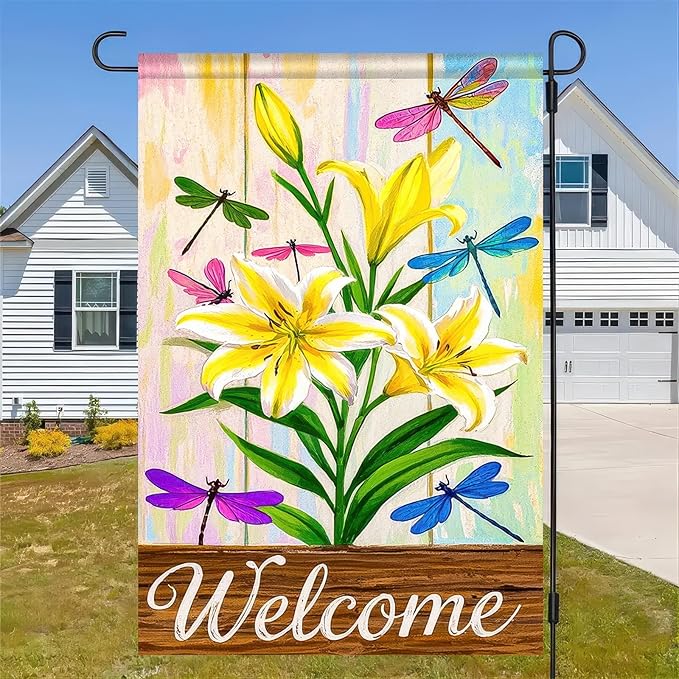 BlissYard Welcome Garden Flag 12x18 Double Sided Small Flags with Yellow Lilies Dragonflies for Spring Summer Garden Flags Outside Outdoor Holiday Seasonal Decor Yard Flags Yard Patio Lawn Decoration