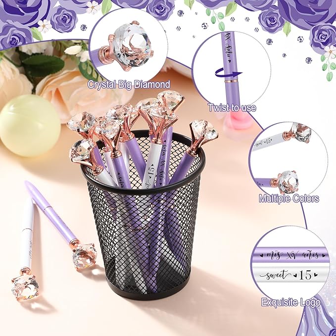 25 Set Quinceanera Party Favors for Guest Sweet 15 Diamond Pens Bulk Mis XV Años Fancy Ballpoint Pen with Thank You Cards and Ties 15th Birthday Thank You Gifts(White, Purple)