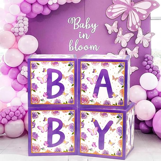 Baby Boxes with Letters and Butterfly Balloons for Gender Reveal Decoration (Purple)
