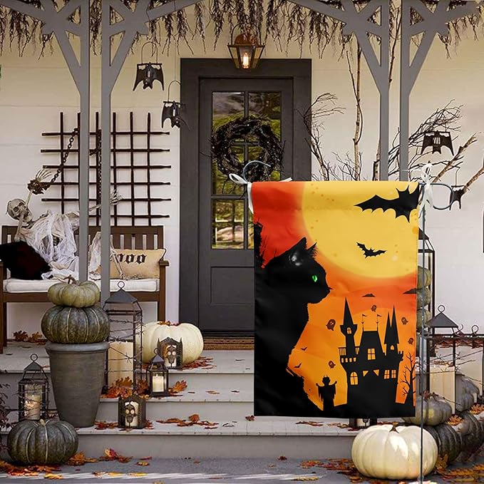 Black Cat Garden Flag 12 x 18 Halloween Cat with Green Eyes Decorative Flags for Outside Yard Decor Double Sided