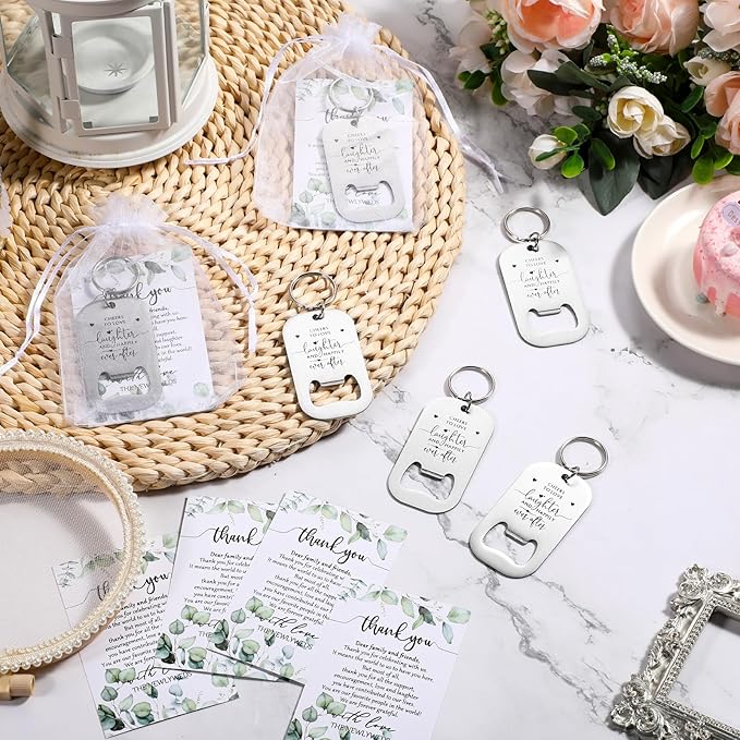 50 Sets Wedding Gifts for Guests Cheers to Love Laughter and Happily Ever After Opener Beer Opener Keychain Bottle Opener Keychain Thank You Card Organza Bags Bridal Shower Souvenirs