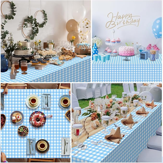 6pcs 54X108inch Light Blue Checkered Tablecloth,Blue Gingham Tablecloths Buffalo Plaid Disposable Plastic Table Covers for Birthday Baby Shower Bridal Wedding Party Birthday Decorations
