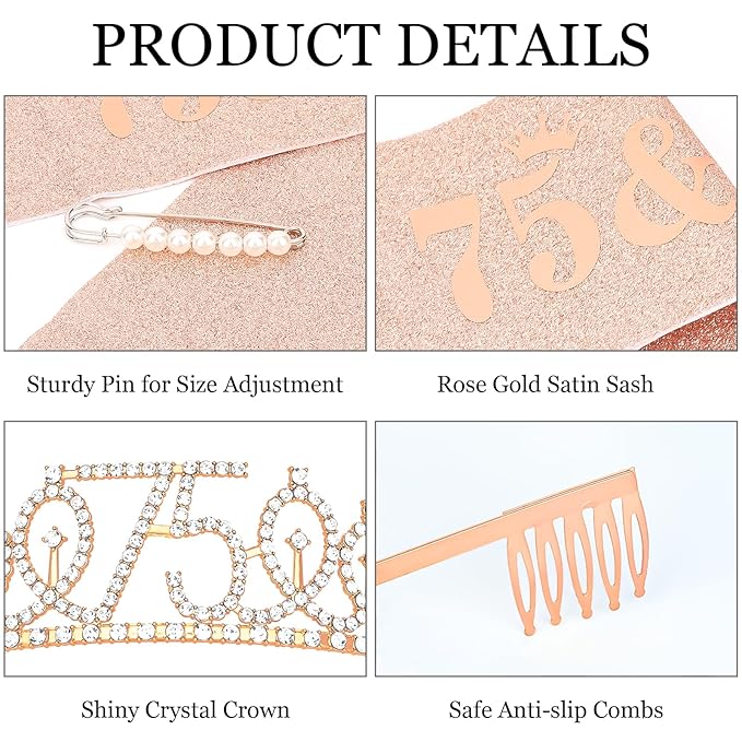 Casoty Rose Gold 75th Birthday Sash and Tiara, 75th Birthday Party Decorations for Women 75 & Fabulous Sash and Crown Set, Party Supplies Favors for Women Gifts for Her