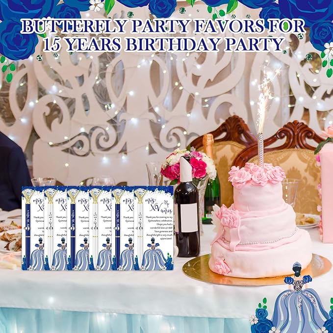 25 Set Quinceanera Party Favors for Guest Sweet 15 Diamond Pens Bulk Mis XV Años Fancy Ballpoint Pen with Thank You Cards and Ties 15th Birthday Thank You Gifts(White, Dark Blue)