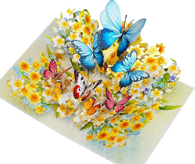 Daffodils with Butterflies 3D Birthday Cards for Women, Mothers Day Cards, 6x8in Pop Up Gift Card for Mom, Wife, Her, Daughter, Sister, Grandma (PQ Daffodils w Butterflies)