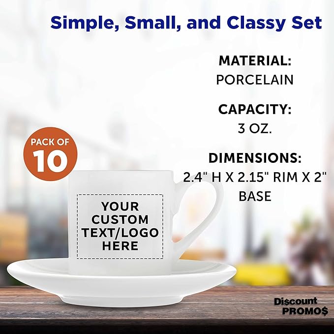 DISCOUNT PROMOS 10 Espresso Cups with Saucers Set, 3 oz. - Personalized Text, Logo - Practical, Porcelain, Coffee Shops - White