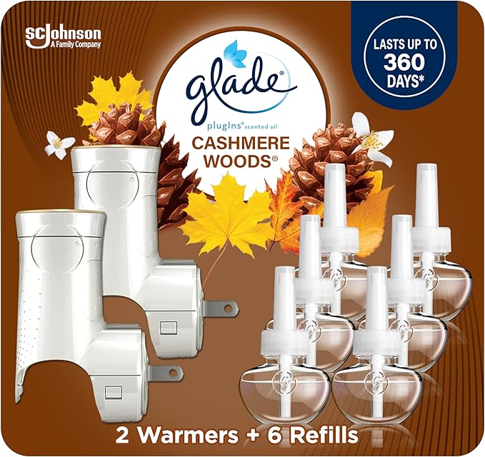 Glade PlugIns Air Freshener Starter Kit, Scented and Essential Oils for Home and Bathroom, Cashmere Woods, 4.02 Fl Oz, 2 Warmers and 6 Refills