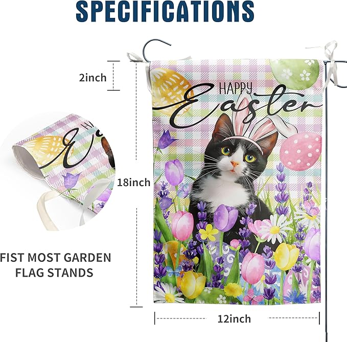 Happy Easter Cat Garden Flag Tuxedo Cat Spring Flags Buffalo Plaid Bunny Eggs Yard Flag for Outside 12x18 Double Sided Small Decorative Floral Outdoor Flag