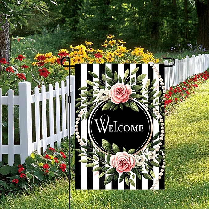 HOMETITUTE Welcome Garden Flag Spring Floral Yard Banner 12x18 Inch Double Sided Outdoor Decor with Pink Roses and Black and White Stripes for Farmhouse Patio Lawn Home Decoration