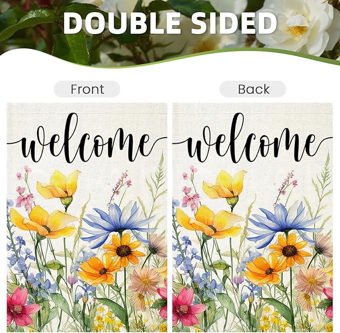 EKOREST Welcome Spring Flowers Garden Flags for Outside, Watercolor Floral Yard Decoration, Small Seasonal Summer Outdoor Decor for Farmhouse Holiday,12x18 Inch Double Sided
