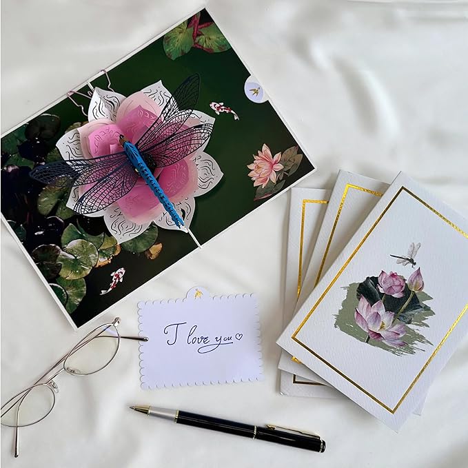 Birthday Cards, Dragonfly and Lotus Flower, 3D Birthday Cards for Women, Happy Mother's Day, Valentine's Day, Sympathy & All Occasion Pop-Up Card, Unique Dragonfly Gift for Mom, Wife, Sister, Grandma, Daughter, Girlfriend, Includes Envelope & Note Card