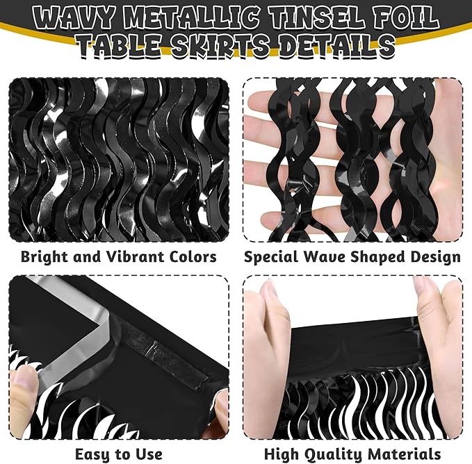 Halloween Table Skirt Decor, 2 Pack Black Foil Grass Desk Skirt, Metallic Wavy Tinsel Foil Fringe Table Skirts, Table Skirts for Graduations Halloween New Years Parade Party Decorations