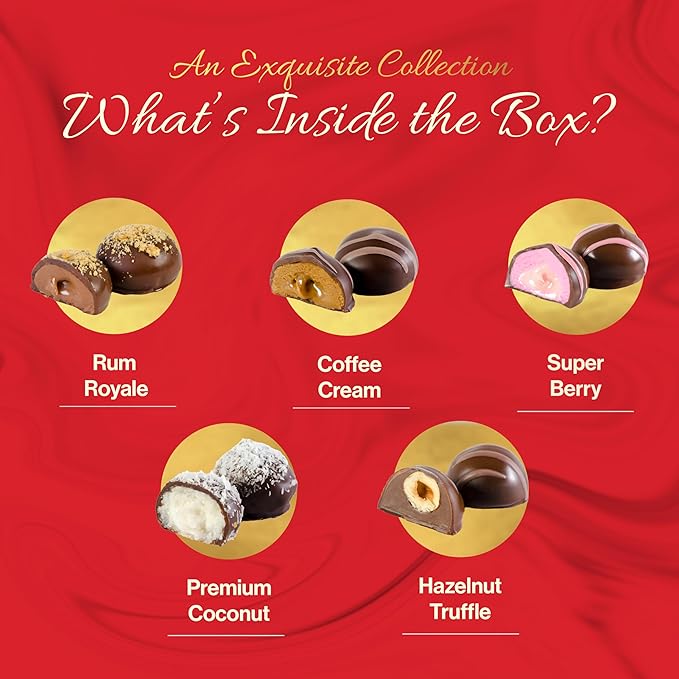 Luxury Chocolate Deluxe Assortment Gift Box - Kosher, Dairy Free and Chocolate Candy, Coffee Cream, Premium Coconut, Berry Filled, Rum, & Hazelnut Truffle - Fancy Valentines Chocolate Gift Box