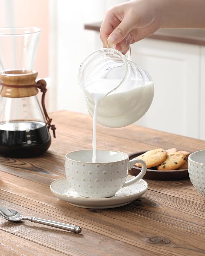 MALACASA 6 OZ Cappuccino Cups with Saucers Set of 4 - Ceramic Stackable Tea Cups and Saucers, Embossment Coffee Mugs for Tea, Latte and Mocha, Dishwasher Safe, Arctic white