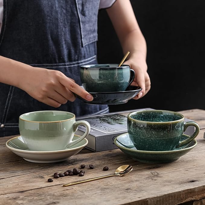 Porcelain Coffee Cup with Saucer Spoon, Vintage Design Ceramic Latte Art Cappuccino Barista Espresso Tea Cup with Saucer (11.6 oz, 350ml, White Both Green)