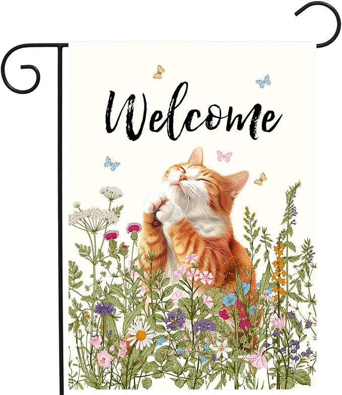 Spring Cat Garden Flags for Outside Summer Flower Garden Flag Floral Orange Cat Flag Welcome Yard Flags 12x18 Double Sided Mini Farmhouse Outdoor Decorative Flag