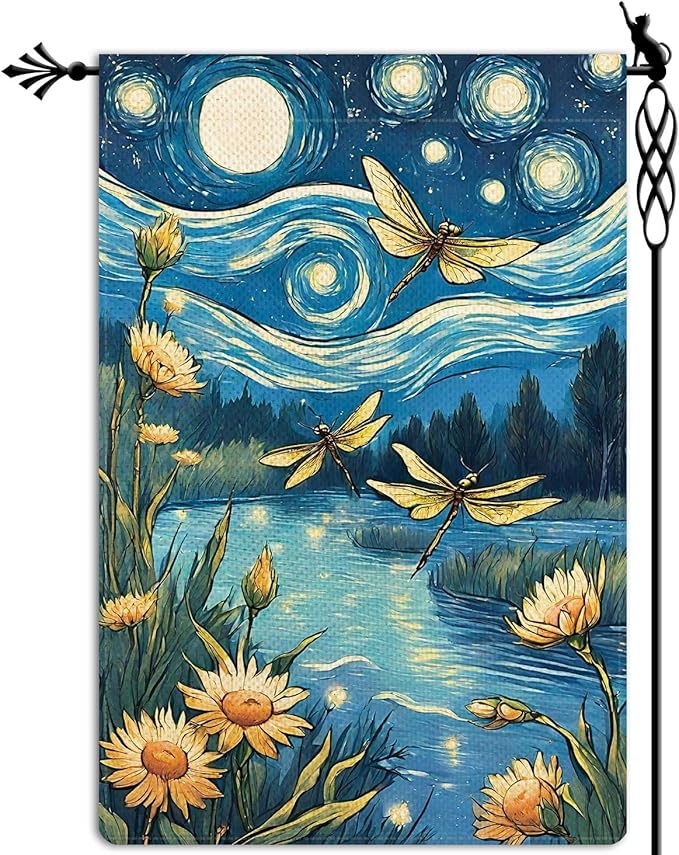 Welcome Summer Dragonfly Garden Flag Starry Night Garden Flag Small Flowers Vertical Double Sided Rustic Farmland Burlap Yard Lawn Outdoor Decor 12.5x18"