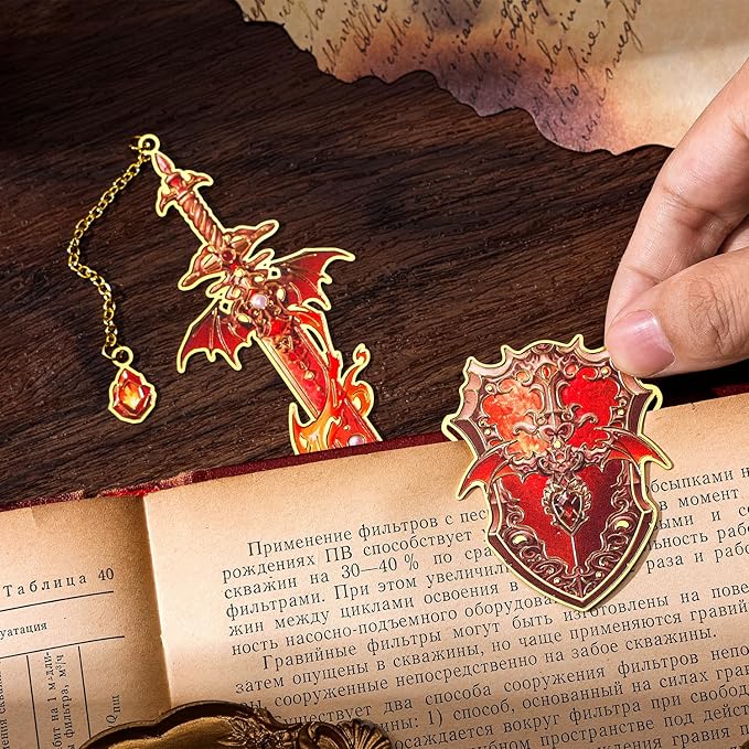 Dragon Knight Metal Bookmark & Book Clip Set - Sword Book Mark with Pendant & Shield Page Marker Clip - Fire Red Fantasy Gift for Men, Women, Kids, Readers, Book Lovers, RPG Gamers | Hymn to Heroes