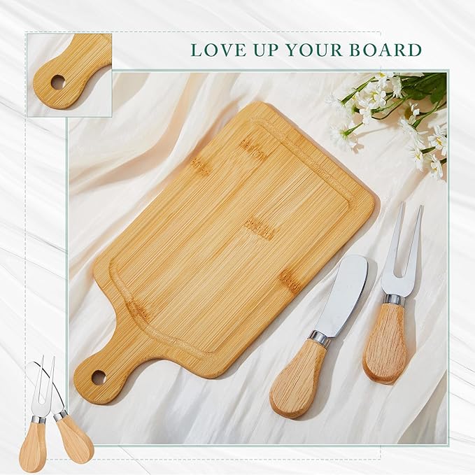 60 Set Bridal Baby Shower Cheese Prizes Wooden Square Board Gift Set Knives Forks Thank You Tags with Box for Guests for Valentines Bridal Baby Shower Housewarming Gifts (Bamboo Color)