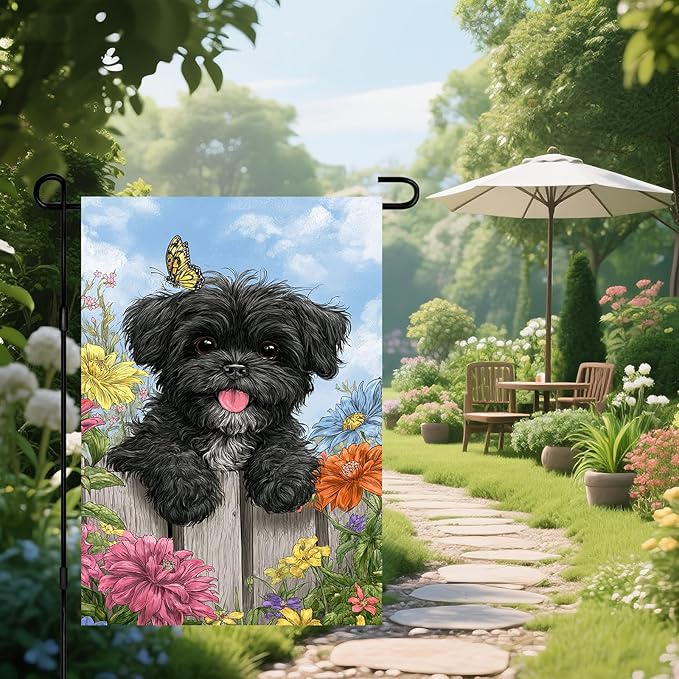 IVN Spring Garden Flag 12x18 Inch Double Sided Black Dog and Colorful Flowers Scene Outdoor Yard Flag for Outside Front Door Lawn Porch Patio Welcome Decor