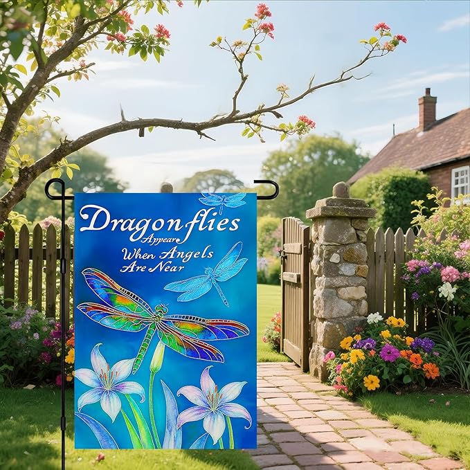 IVN Dragonfly Garden Flag 12x18 Inch Double Sided Blue Flower Outdoor Yard Flag for Home Front Door Lawn Porch Nature Decor