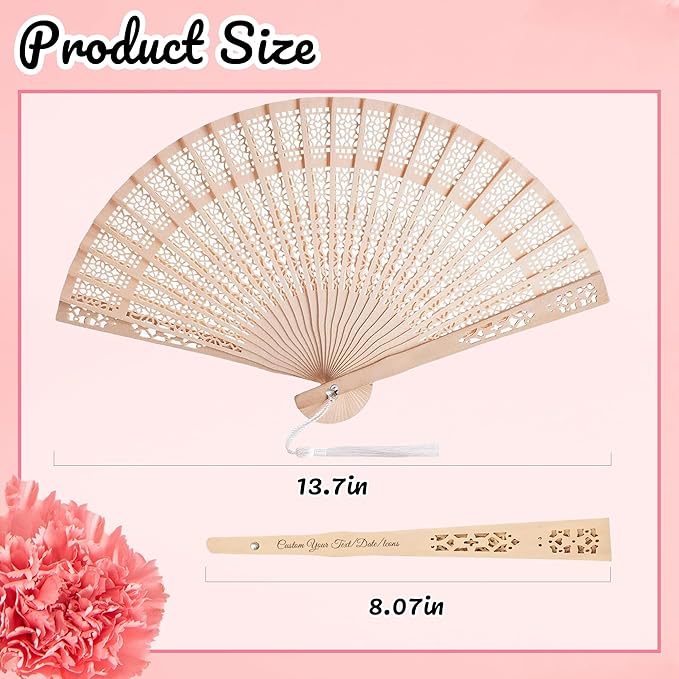 MBDFUT 100Pcs Personalized Sandalwood Wedding Fans with Organza Bags, Foldable Custom Wooden Fans, Handheld with Text/Date, Wedding Party Favors for Guests