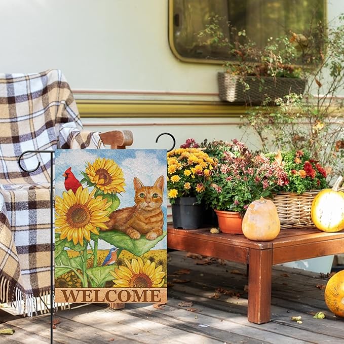 Furiaz Cat Cardinal Sunflower Welcome Spring Summer Decorative Small Garden Flag, Yard Orange Kitty Tabby Red Bird Outside Decoration, Fall Autumn Outdoor Burlap Decor Double Sided 12 x 18