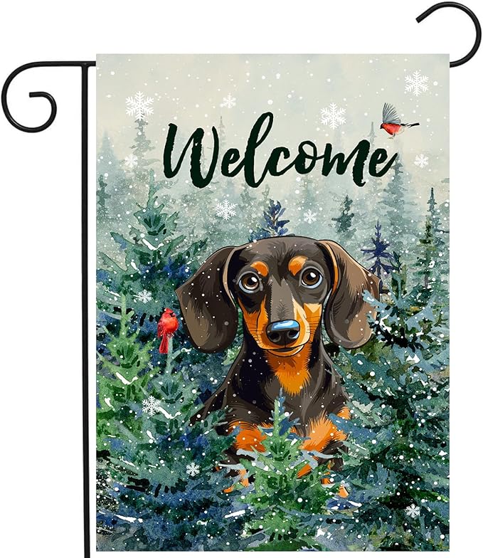 Welcome Winter Garden Flags Dachshund Garden Flag Cardinal Birds on Snowy Pine Tree Flag Dog Yard Flags for Outside 12x18 Double Sided Christmas Decorative Lawn Flags